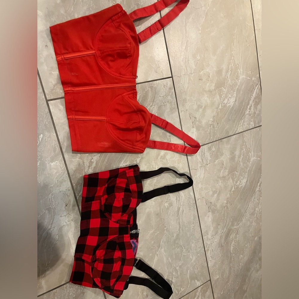 Lot of 2 small corset crop top bustier style mesh plaid red edikted